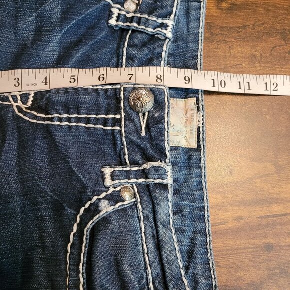 LA Idol Cut Off Denim Shorts Size 11 Low Rise Raw Hem Thick Stitch Button Flaps - Picture 7 of 9